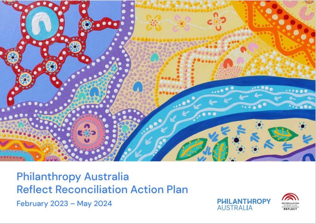 Front cover of Philanthropy Australia's Reflect Reconciliation Action Plan February 2023-May 2024 featuring artwork by Jenna Oldaker and logos from Philanthropy Australian and Reconciliation Australia